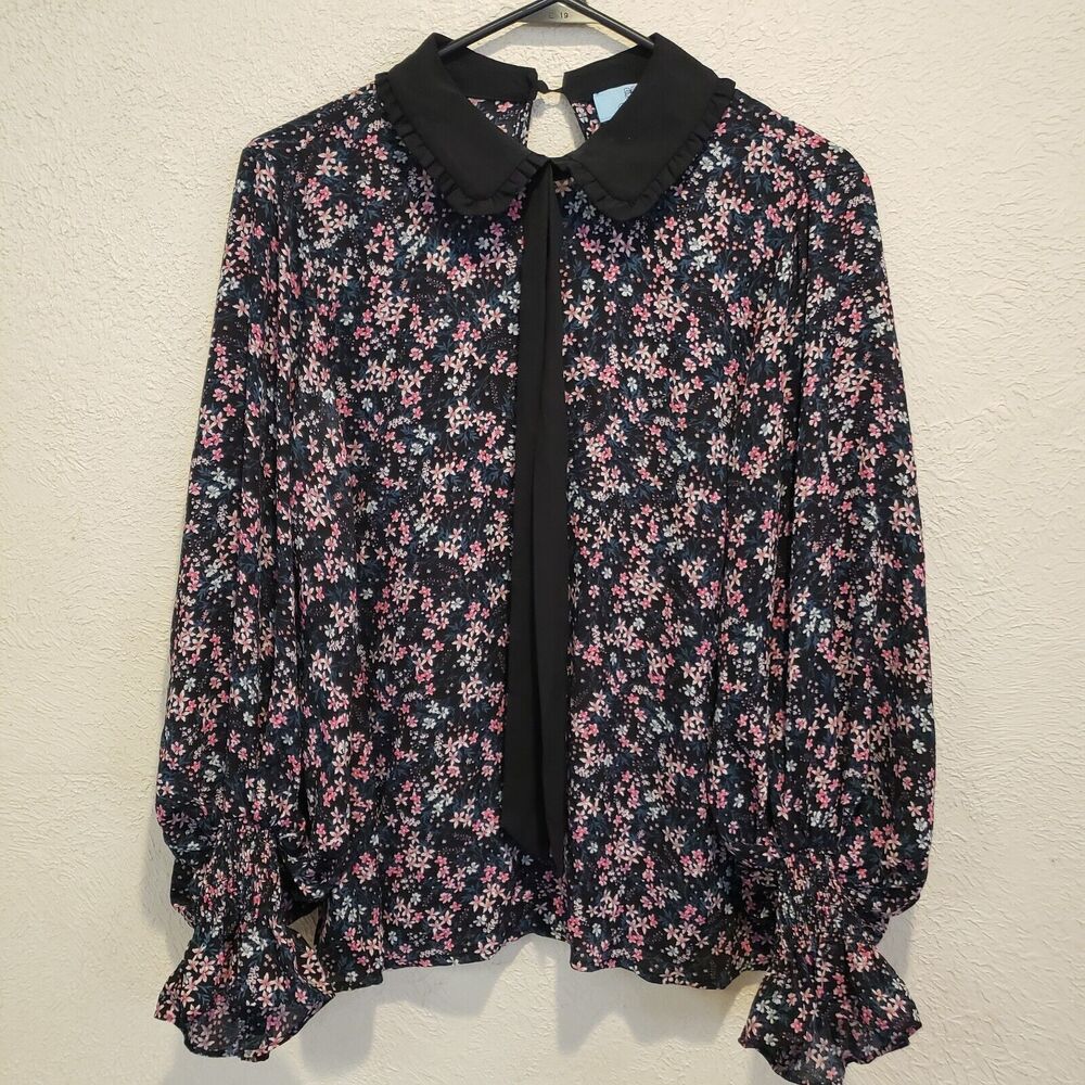 CeCe Black & White Floral Peter Pan Collared Tie Neck Balloon Sleeve Blouse M